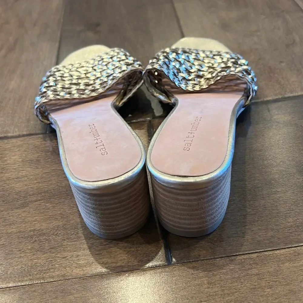 Anthropologie Salt + Umber Tripoli Heels Woven Gold Slide Dressy Sandals US 9